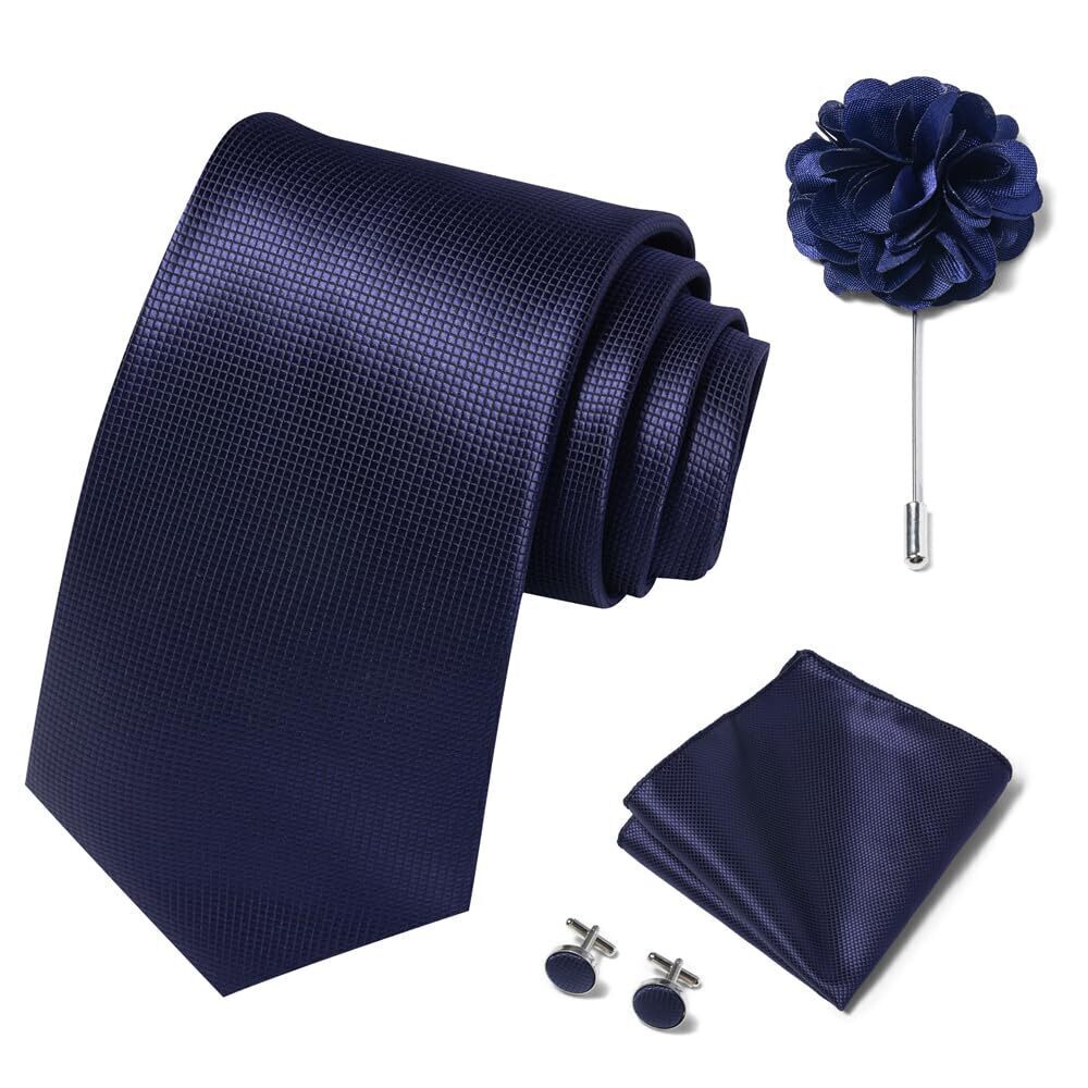 8904 Solid Color Ties Set Handkerchief Cufflinks Brooch 3.15 inches Classic